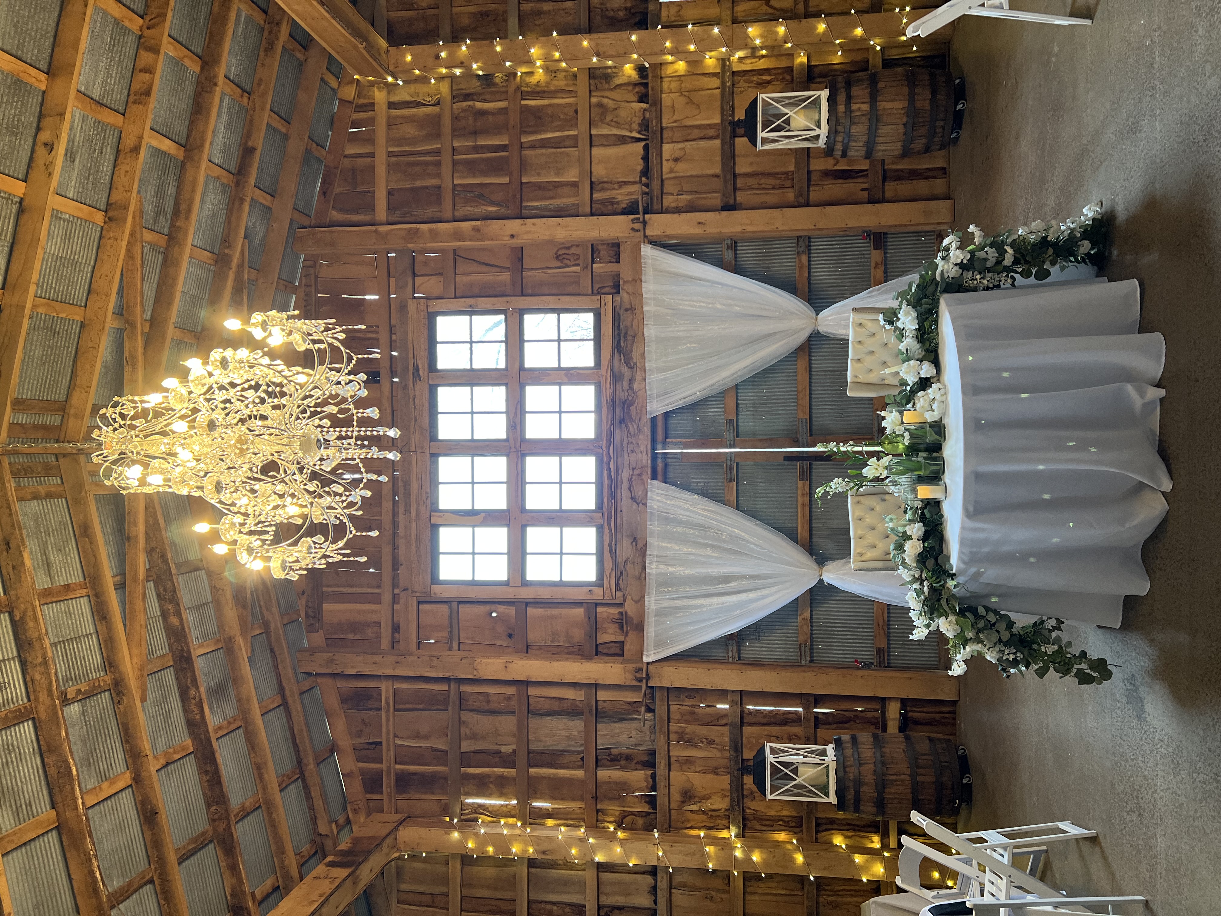 wedding barn venue with chandelier