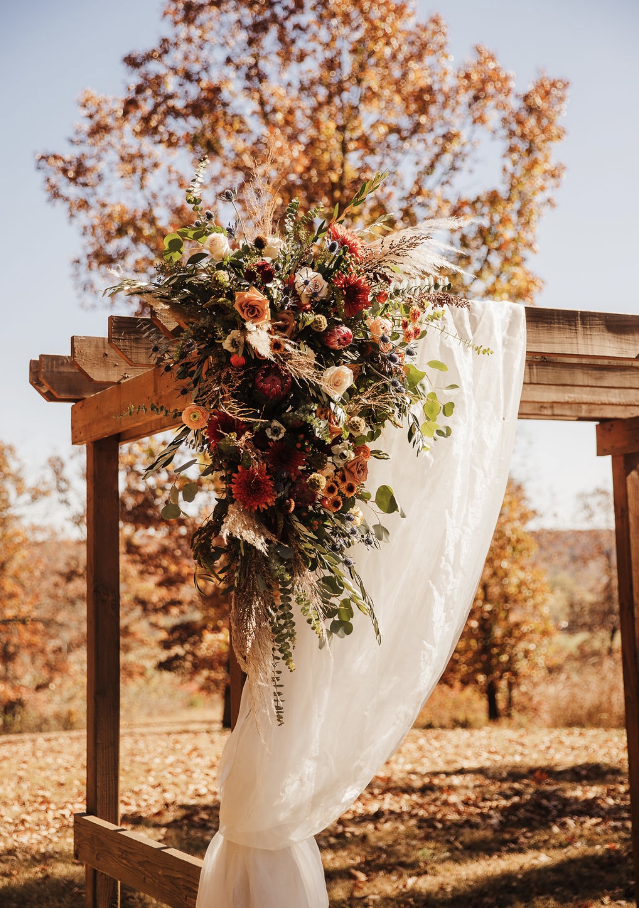 flower arrangement on wedding altar