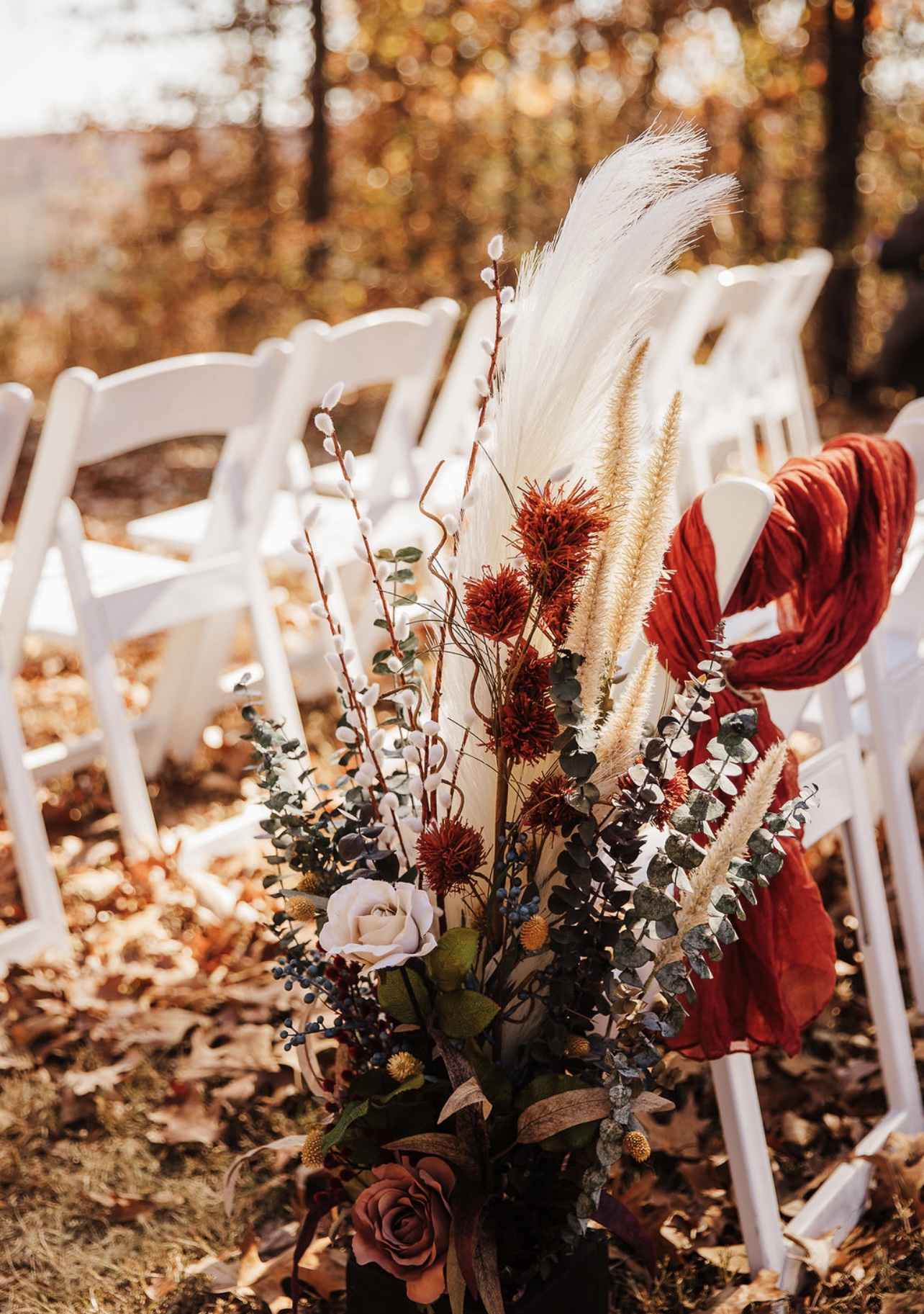 fall floral aisle runner outdoor wedding ceremony