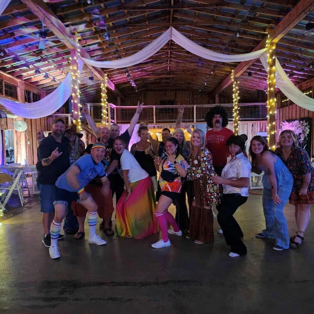 70's themed party guests on dance floor