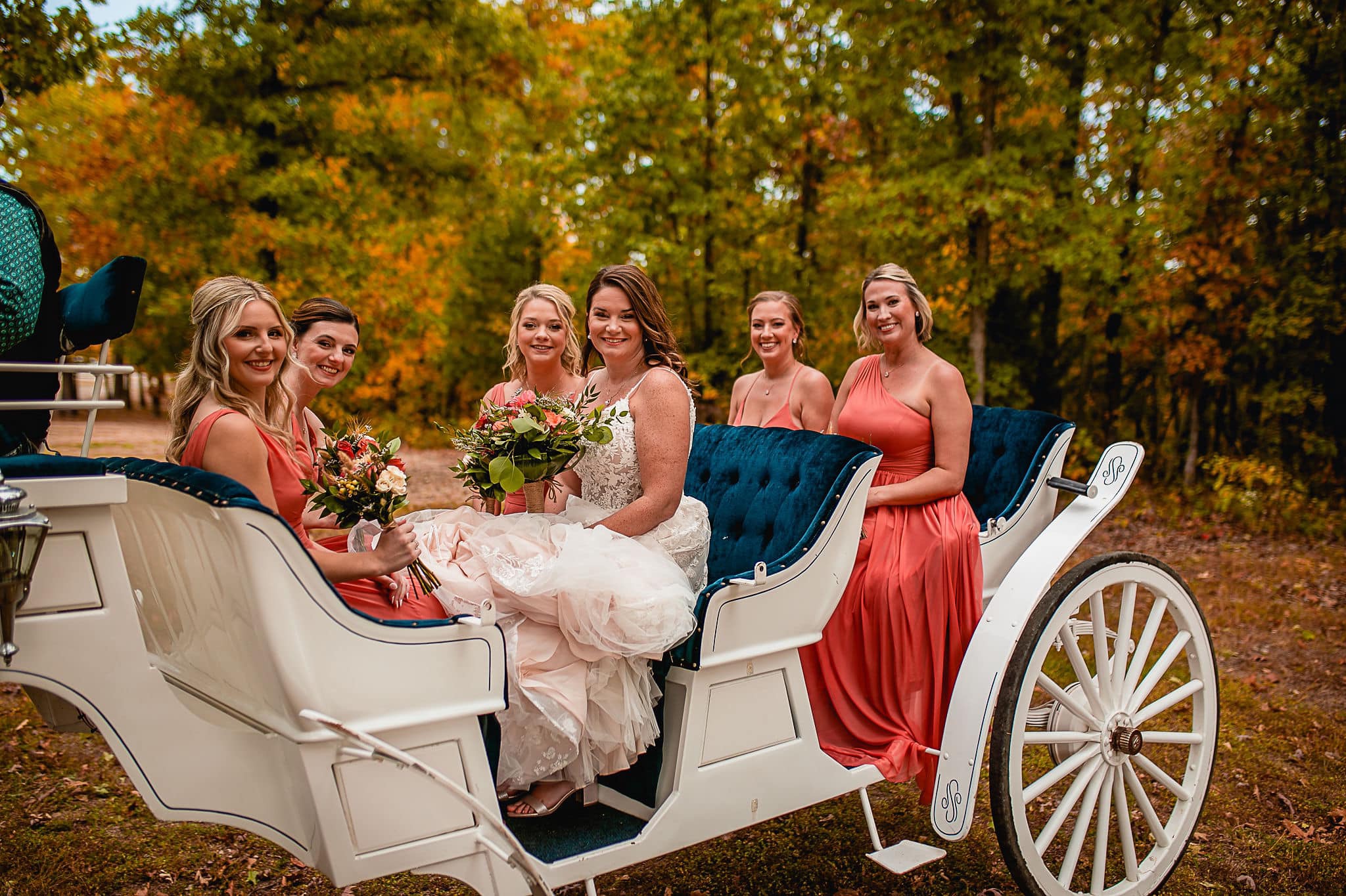 bride and bridesmaids on horse drawn carriage